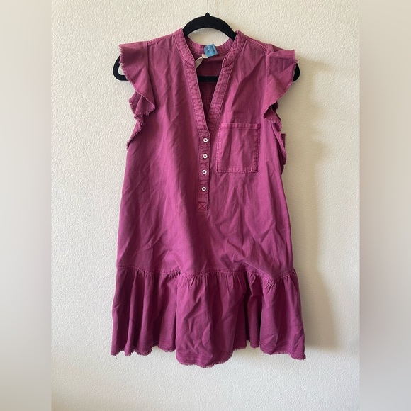 pilcro fuchsia pink mini dress short sleeve ruffle with a pocket - Picture 2 of 5